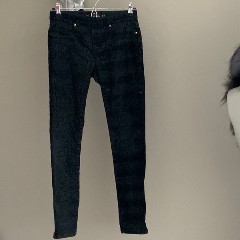 ZARA WOMAN Black Velvet Leopard Print Stretchy Jeggings with Zippers on sides
